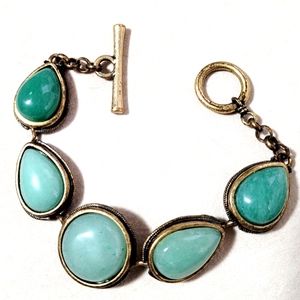 VTG Natural green Aventurine gemstone, engraved brass 8" bracelet